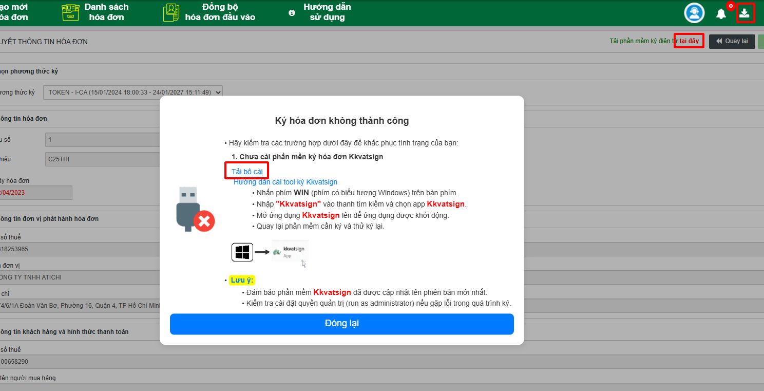 Giao diện ký hóa đơn KKVAT