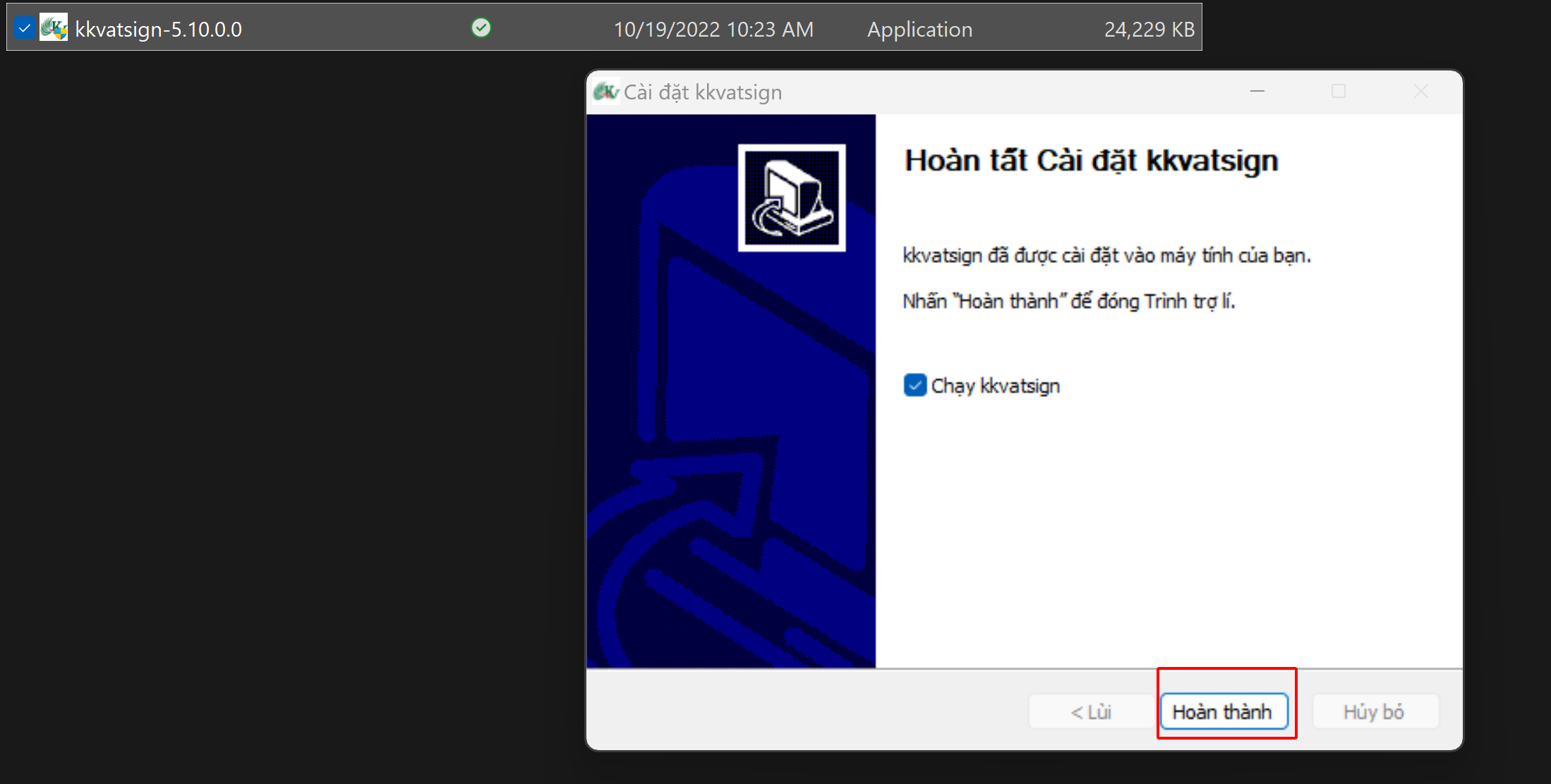Hoàn thành cài đặt