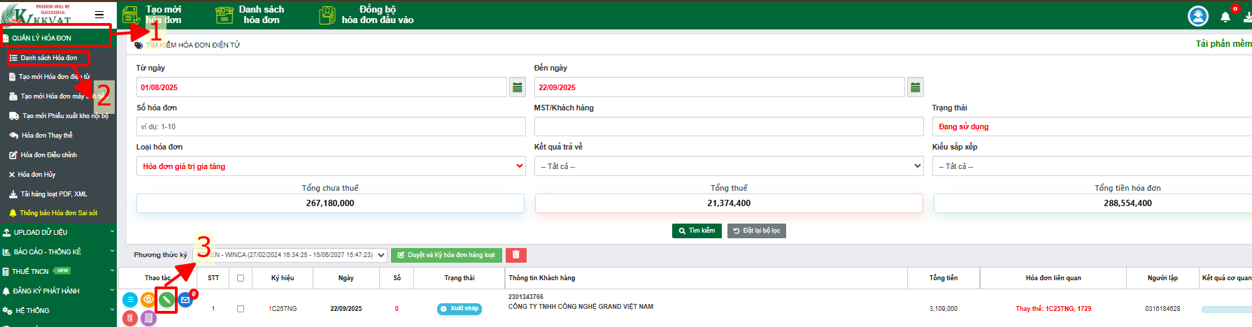 Giao diện danh sách hóa đơn thay thế