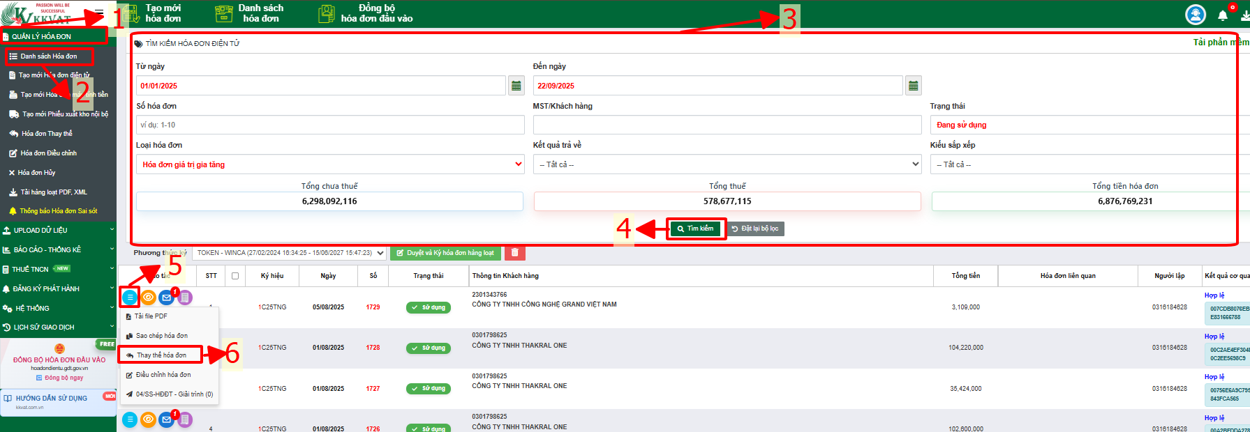 Giao diện danh sách hóa đơn